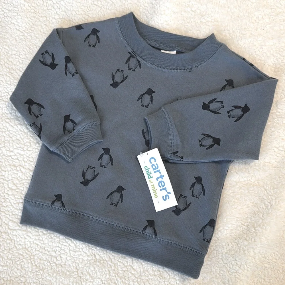 Carter’s Child of Mine Baby Boy Blue Sweatshirt Penguin Print Pocket Pullover